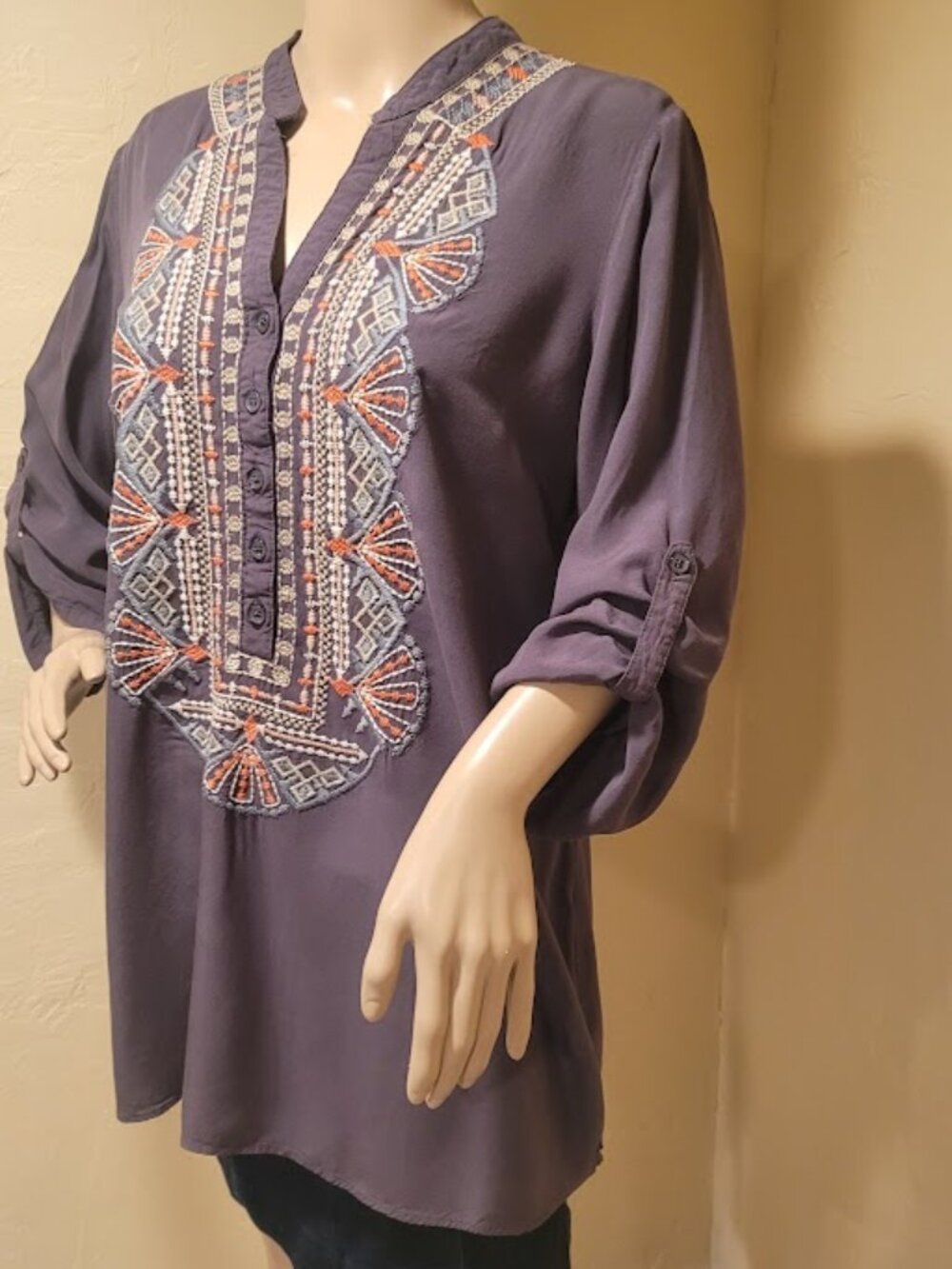 Large Luna Moon Boho lightweight tunic with split v-neck and roll-tab sleeves
